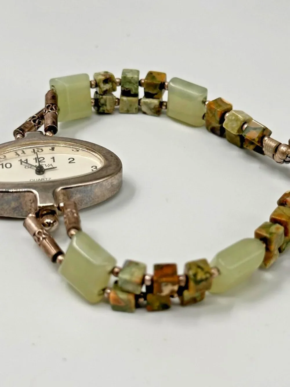 Geneva Watch Women Silver Tone Unakite Beaded Band Sterling Clasp New Battery